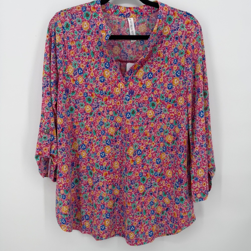 Dear Scarlett Blouse Womens M Pink Ditsy Floral Top 3/4 Roll-Tab Sleeves‎ NWT